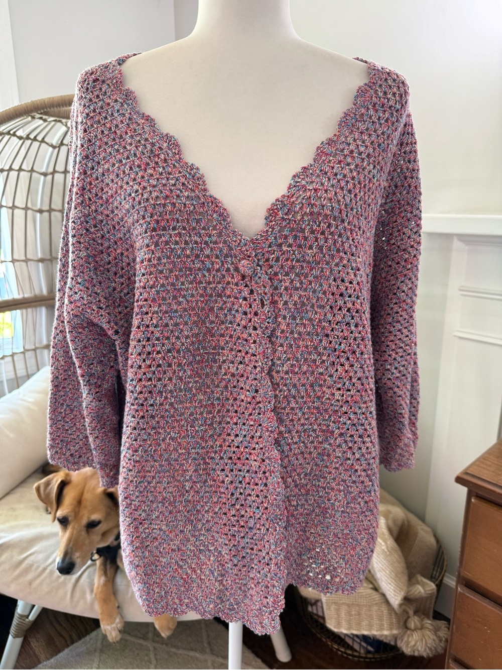 Norm Thompson Multicolor Crochet Knit Scalloped V-Neck‎ Sweater Top XL Rainbow